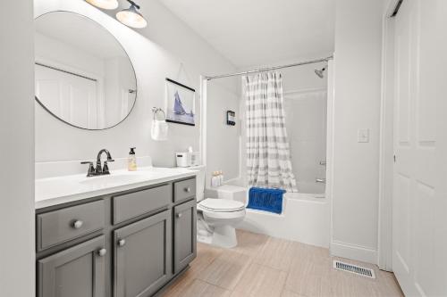 a bathroom with a sink and a toilet and a mirror at Cedar Point, Kalahari, Sports Force, Hot tub, Fire pit, EV, Pets, Beach, Fireplace, Park in Huron