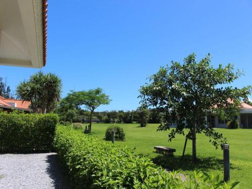 a park with a tree and a bench in the grass at Nature Miraikan in Naha
