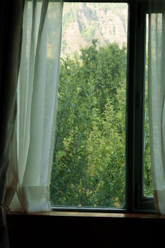 an open window with a view of a forest at Tranquil House Manali in Haripūr