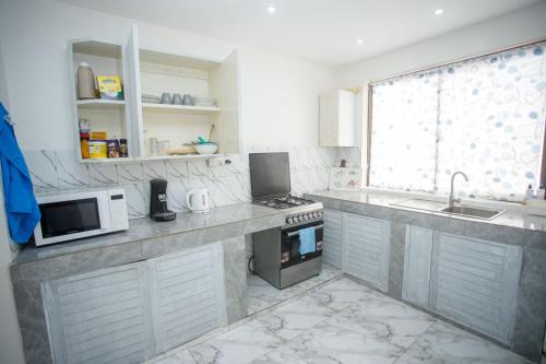 eine Küche mit Spüle und Herd oberen Backofen in der Unterkunft Clarah's paradise in Mombasa