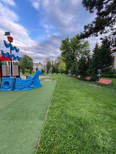 une aire de jeux dans un parc avec un toboggan bleu dans l'établissement Apartament Iasmina, à Petroşani
