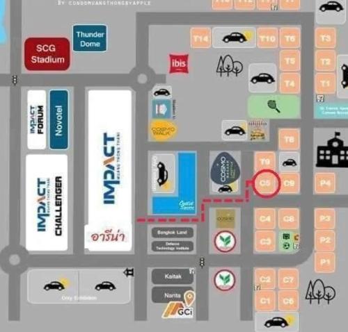 aphaltphaltphaltustration of a city with icons and signs at อิมแพ็ค popular condo c5 แม่ตังค์ in Ban Bang Phang