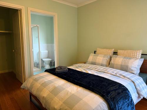 a bedroom with a bed with a pillow and a mirror at Private Rooms in Bentleigh 1 min to Train Station, Cafes and close to Monash Uni in Melbourne