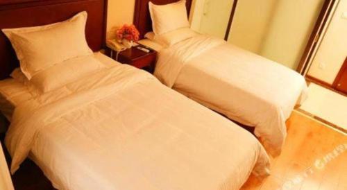 two beds sitting next to each other in a room at GreenTree Inn Luoyang Zhongzheng Street Express Hotel in Luoyang