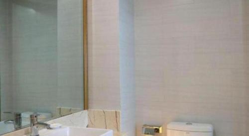 a bathroom with a sink and a mirror and a toilet at GreenTree Inn Tibet Nyingchi City Biji Shenshan in Nyingchi