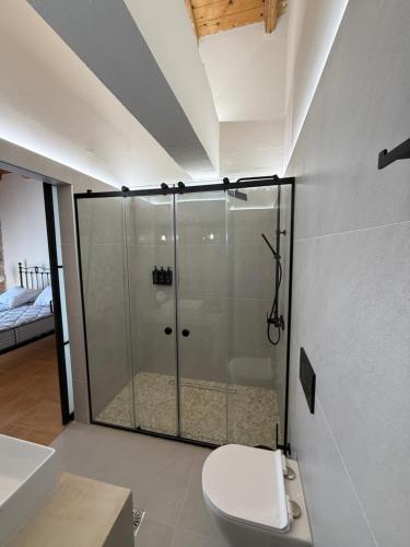 a bathroom with a shower with a toilet and a sink at Villa Zoe (formerly Villa Eboros) in Ratzaklíon