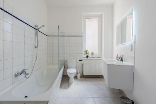 a bathroom with a shower and a toilet and a sink at Apartment am Holländischen Viertel in Potsdam