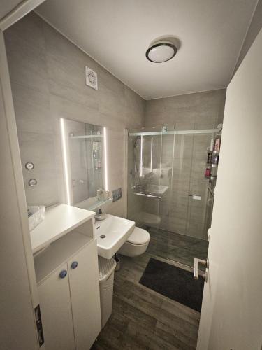 a bathroom with a sink and a toilet and a shower at Apartman TIA in Vir