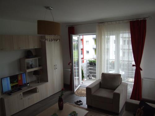 布拉索夫的住宿－Anca Apartment，客厅配有椅子和滑动玻璃门