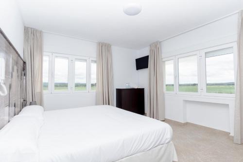 a white bedroom with a large bed and windows at Hacienda Guadalquivir in Córdoba