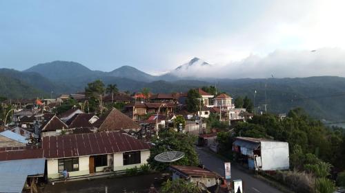 a village with a mountain in the background at Meme Royak Homestay in Munduk
