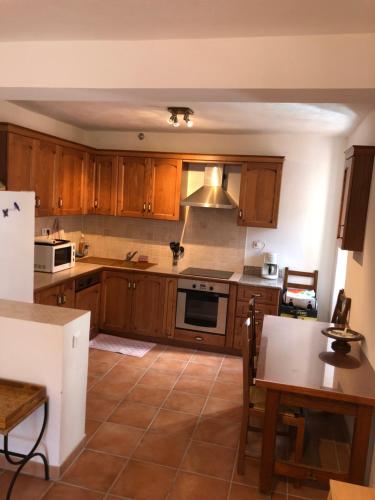 une cuisine avec des armoires en bois et un four à plaques de cuisson dans l'établissement Maison de village Frasseto, à Frasseto