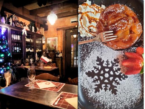 a table in a restaurant with a pastry with a fork at Chalet Matterhorn Francois - Central Ski Chalet with SPA and Breakfast, 100mt lift in Breuil-Cervinia