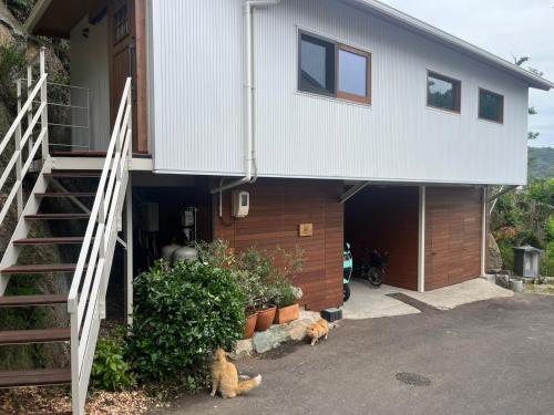 two cats are sitting outside of a house at MY LODGE Naoshima in Naoshima