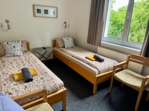a room with two beds and a chair and a window at Penzion Kozí Horka u Brněnské přehrady in Brno
