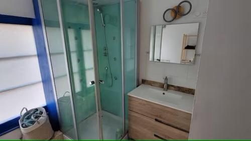une salle de bain avec une douche en verre et un lavabo dans l'établissement Maison cosy à 12 mns du Touquet, nature & détente, à Saint-Josse