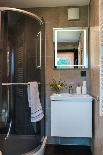 a bathroom with a shower and a sink and a mirror at Baldones dabas retrīts - Exclusive private nature retreat with optional jacuzzi and sauna near Riga in Pulkarne