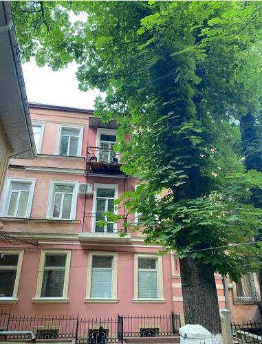 a pink building with a tree in front of it at Monro-style in the historical center in Odesa