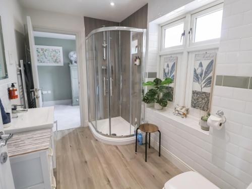 a bathroom with a shower and a sink at 1 Coconut Cottage, Long Melford in Long Melford