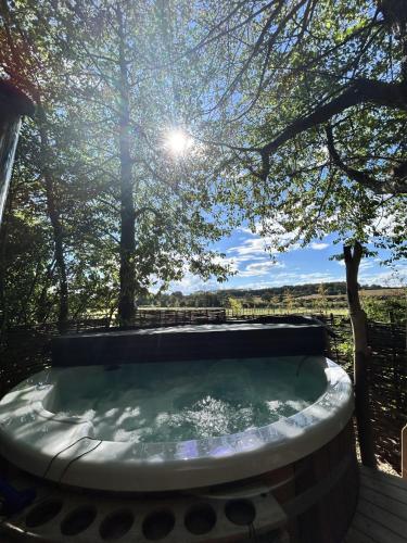 a jacuzzi tub in a yard with a tree at Little Massingham Manor in Little Massingham