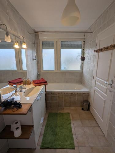une salle de bain avec une baignoire et un lavabo dans l'établissement Jolie maison sportive avec extérieurs, à Millau