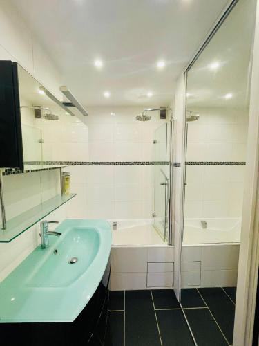 une salle de bain avec une baignoire, un lavabo et une douche dans l'établissement Appartement Montparnasse 3, à Paris