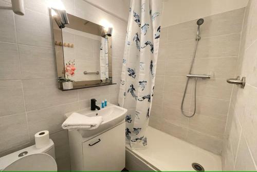 une salle de bain avec une douche, des toilettes et un lavabo dans l'établissement Le cabanon du Vieux Port, à Marseille
