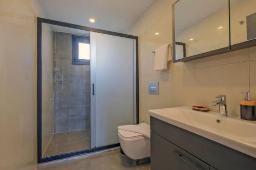 a bathroom with a shower and a sink and a toilet at ADER DOĞA Villaları 6 in Zikirciler