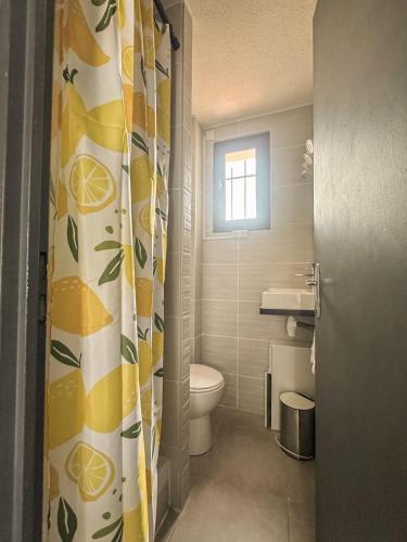 La salle de bains est pourvue d'un lavabo et de toilettes avec rideau de douche. dans l'établissement Maison vacances proche de la mer, au Barcarès