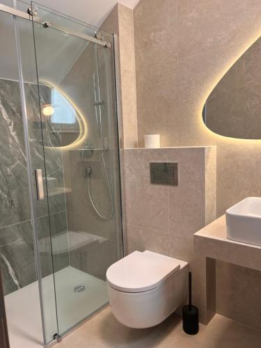 a bathroom with a shower and a toilet and a sink at Apartments Adriatic Blue in Dubrovnik