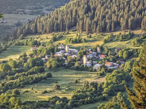 an aerial view of a village in the hills at Ecohouse Svaneti in Mestia