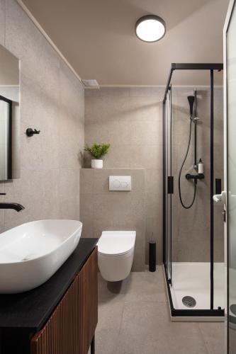 a bathroom with a sink and a toilet and a shower at Villa Veg in Umag