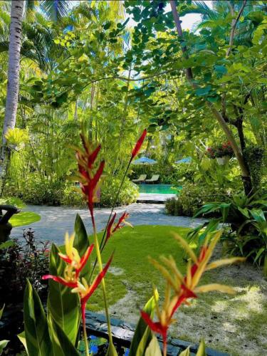 a garden with red and yellow flowers and trees at Cham Villas Resort in Mui Ne