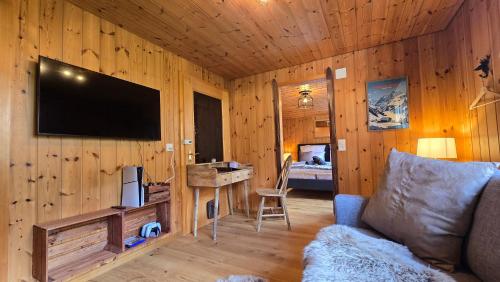 a living room with a tv on a wooden wall at Alpine Loft, Central, Balcony, Parking, Family,PS5 in Frutigen