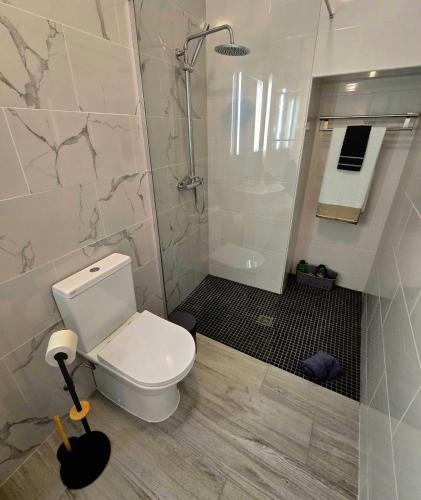 a bathroom with a white toilet and a shower at Salted View Lodge in Nordeste