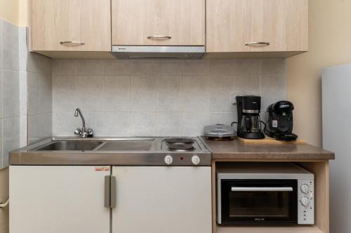 a kitchen with a sink and a microwave at Maria's Sea View Apartments in Mousata