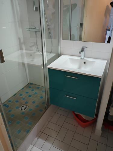 une salle de bain avec un lavabo et une douche dans l'établissement LA GRANDE MOTTE LE COUCHANT STUDIO cabine, à La Grande Motte