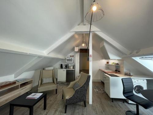 a kitchen and living room with an attic at Les Gîtes de La Maison Bleue d'Estialescq in Estialescq