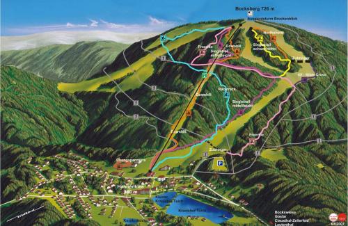 a map of a mountain with roads and highways at Chalet Hahnenklee mit Sauna und Kamin, Harz - Blockhaus in Hahnenklee-Bockswiese