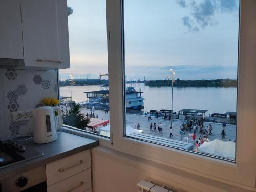 a kitchen window with a view of a marina at Apartament Pelicanul in Tulcea