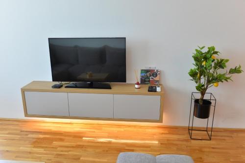 a television on a white cabinet in a living room at HM Apartments in Inđija