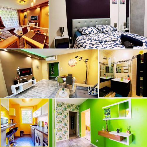 un collage de quatre photos d'une pièce dans l'établissement Sweet & Home - Centre-ville & Proche Circuit des 24H - Climatisé - Parking - by Le Mans City, au Mans