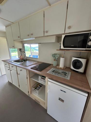 une cuisine avec des armoires blanches, un évier et un micro-ondes dans l'établissement Mobile Home Bleu, à Fleurac