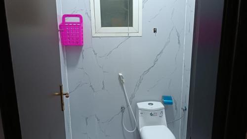 アル・バーハにあるشركة العييري للشقق المخدومة الباحة Al-Eairy Serviced Apartments Company, Al Baha 2のトイレと壁にピンクのバスケットが置かれたバスルーム