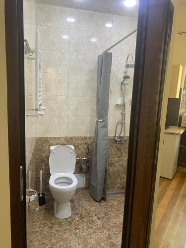 een badkamer met een toilet en een douche bij Tuff House in Gjoemri