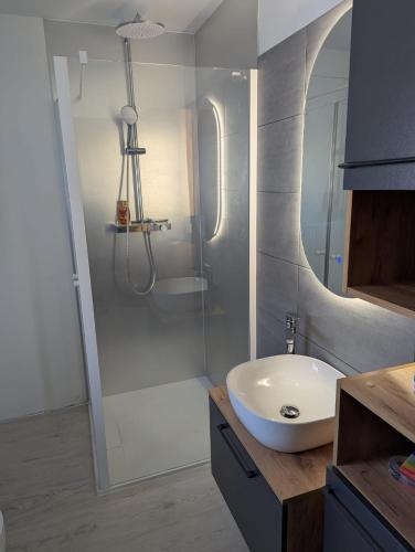 a bathroom with a white sink and a shower at Lütt achtern Diek in Neufeld