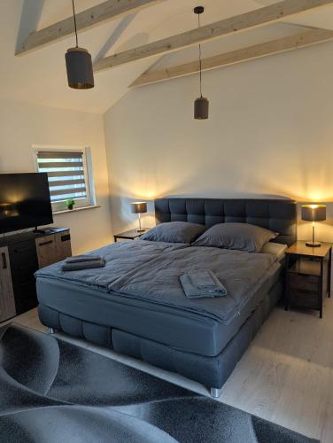 a bedroom with a large bed and a flat screen tv at Lütt achtern Diek in Neufeld