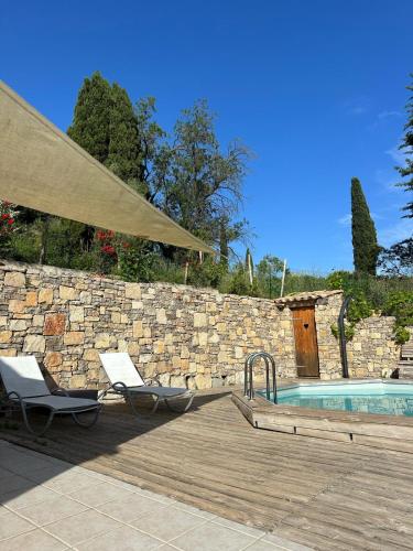 un patio avec deux chaises et une piscine dans l'établissement Maison provençale Antibes, à Antibes