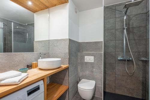 Un baño con ducha, inodoro y lavabo. en Joli appartement Aiguille du Midi, en Chamonix-Mont-Blanc