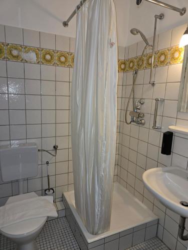 a bathroom with a shower and a toilet and a sink at Pension Nicole in Bad Bevensen